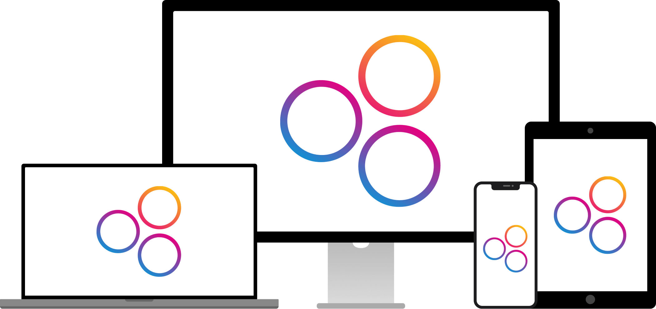 Mockups von Laptop, Tablet, Smartphone und PC-Bildschirm, die ds RDN Logo zeigen.