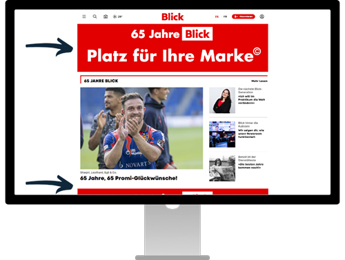 Ein Bildschirm mit der neuen Blick-Website offen, zwei Werbeplätze (Header und unter dem ersten Inhaltsblock) sind markiert.