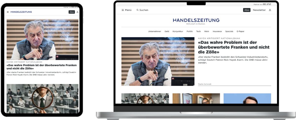 Tablet und Laptop nebeneinander mit ge&ouml;ffneter Nachrichten-Website &bdquo;Handelszeitung&ldquo;, die Startseite mit Schlagzeilen, Bildern und Kategorien im responsiven Design darstellt.
