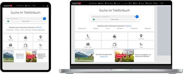 Responsive Darstellung von search.ch auf Laptop und Tablet.