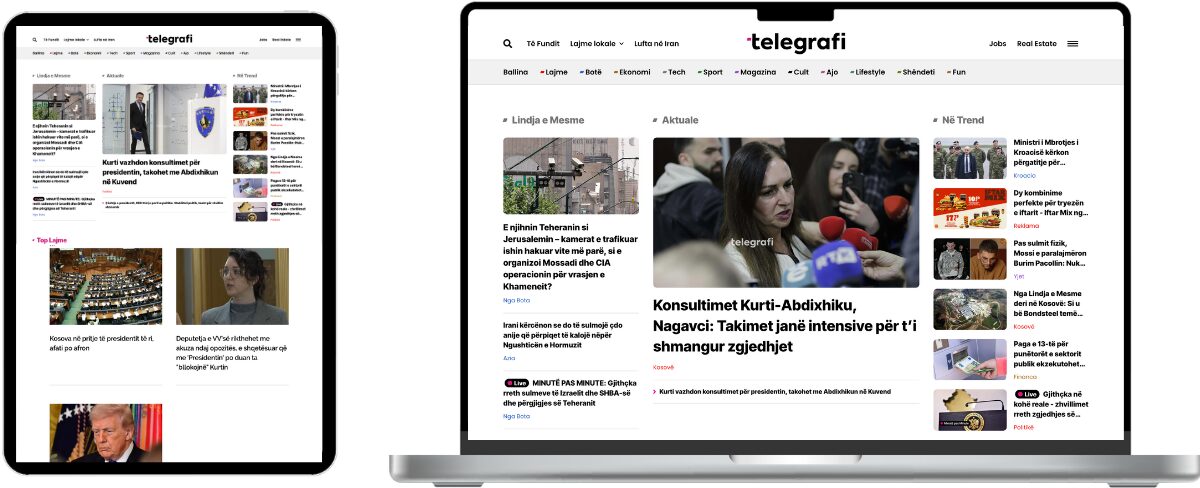 Tablet und Laptop nebeneinander mit ge&ouml;ffneter Nachrichten-Website &bdquo;Telegrafi&ldquo;, die Startseite mit Schlagzeilen, Bildern und Kategorien im responsiven Design darstellt.