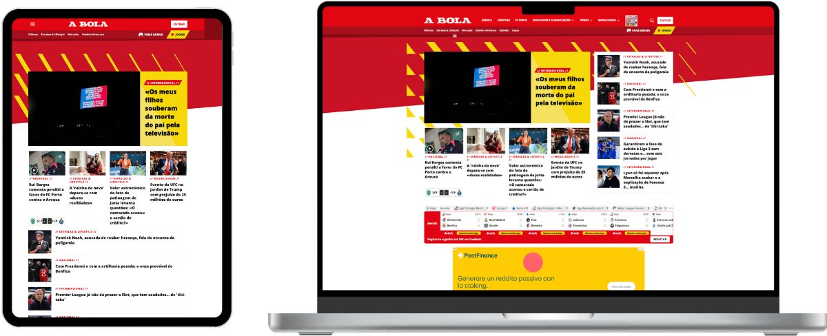 Präsentation des digitalen Angebots der Sportzeitung „A Bola“ auf verschiedenen Endgeräten. Das responsive Design der Website wird gleichzeitig auf einem Desktop-Monitor, einem Laptop, einem Tablet und einem Smartphone gezeigt, wobei das rot-gelbe Layout und aktuelle Sportnachrichten im Fokus stehen.