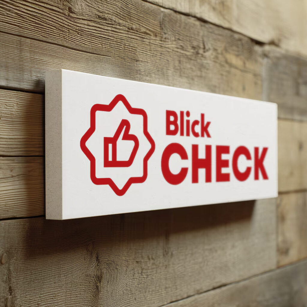 Das Logo des Videoformats &bdquo;Blick Check&ldquo; auf einem weissen Schild an einer Holzwand. Es zeigt ein rotes Daumen-hoch-Siegel und den Markenschriftzug.