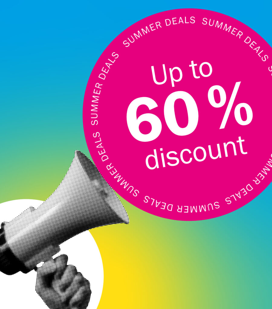 A gradient from yellow to green to blue, a megaphone in front of a white circle, and a percentage sign, &lsquo;Summer deals &ndash; book now and save! Up to 60% off&rsquo;