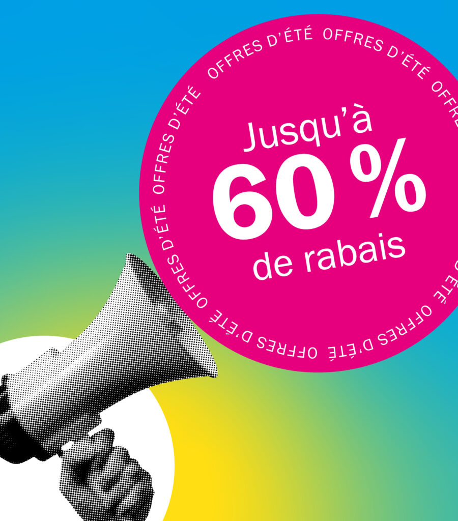 D&eacute;grad&eacute; allant du jaune au vert puis au bleu, un m&eacute;gaphone devant un cercle blanc ainsi que le symbole du pourcentage, &laquo; Offres d'&eacute;t&eacute; : r&eacute;servez d&egrave;s maintenant et profitez-en ! Jusqu'&agrave; 60 % de r&eacute;duction &raquo;