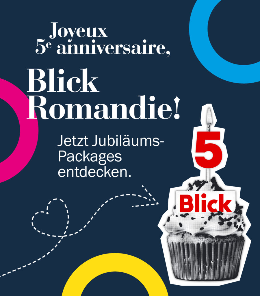 Werbegrafik zum 5. Jubiläum von Blick Romandie mit einem Cupcake und dem Aufruf, Jubiläums-Packages zu entdecken.