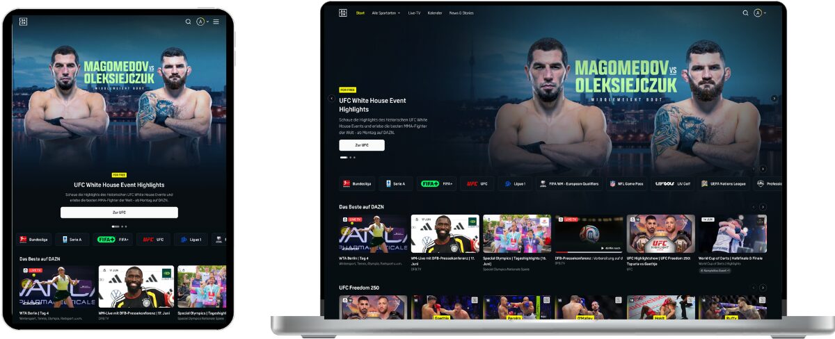 Des maquettes de tablette et d'ordinateur portable présentent l'interface de DAZN