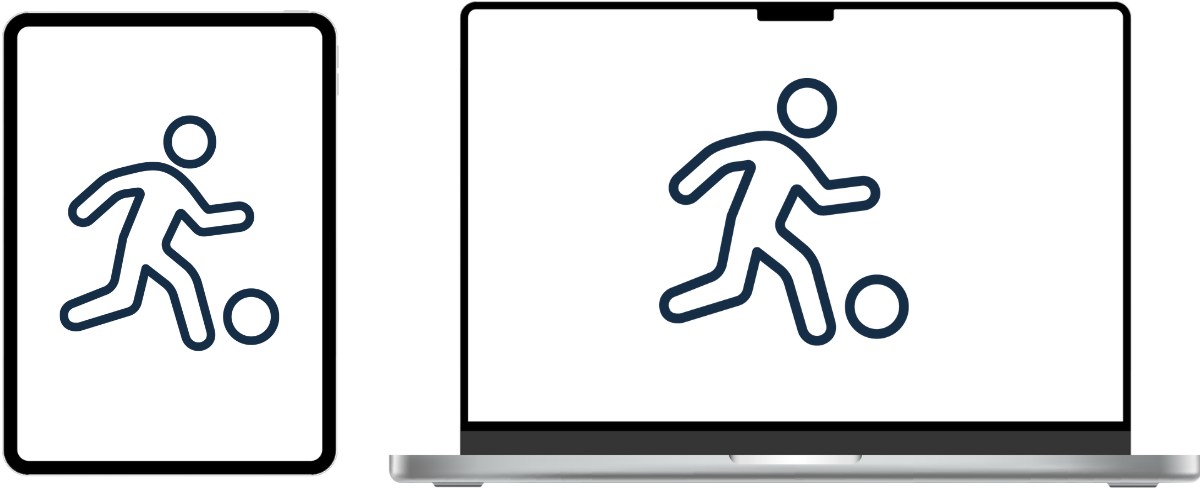 Tablet und Laptop mit Line Icon (Illustration) eines Fussballers mit Ball